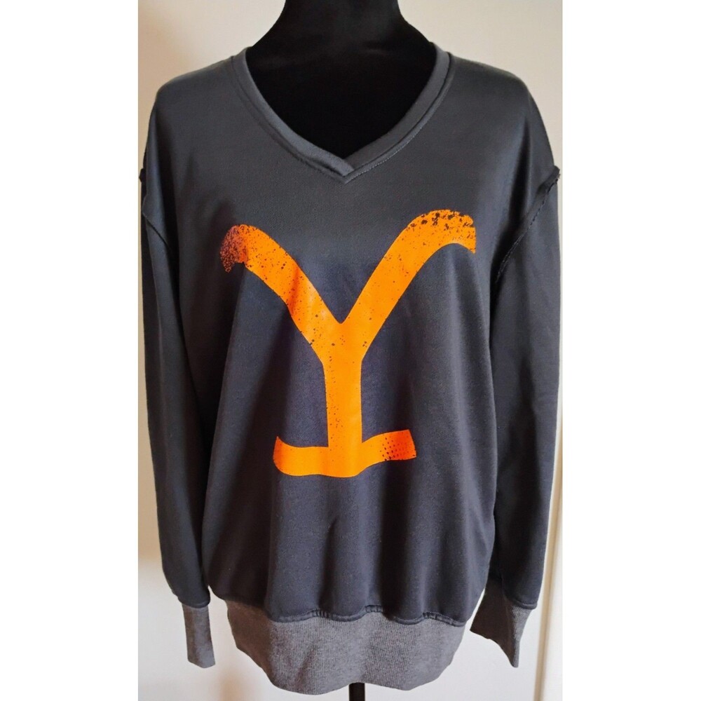 Yellowstone Dutton Ranch "Y" Logo V-Neck Sweatshirt‎ Gray Orange Size M